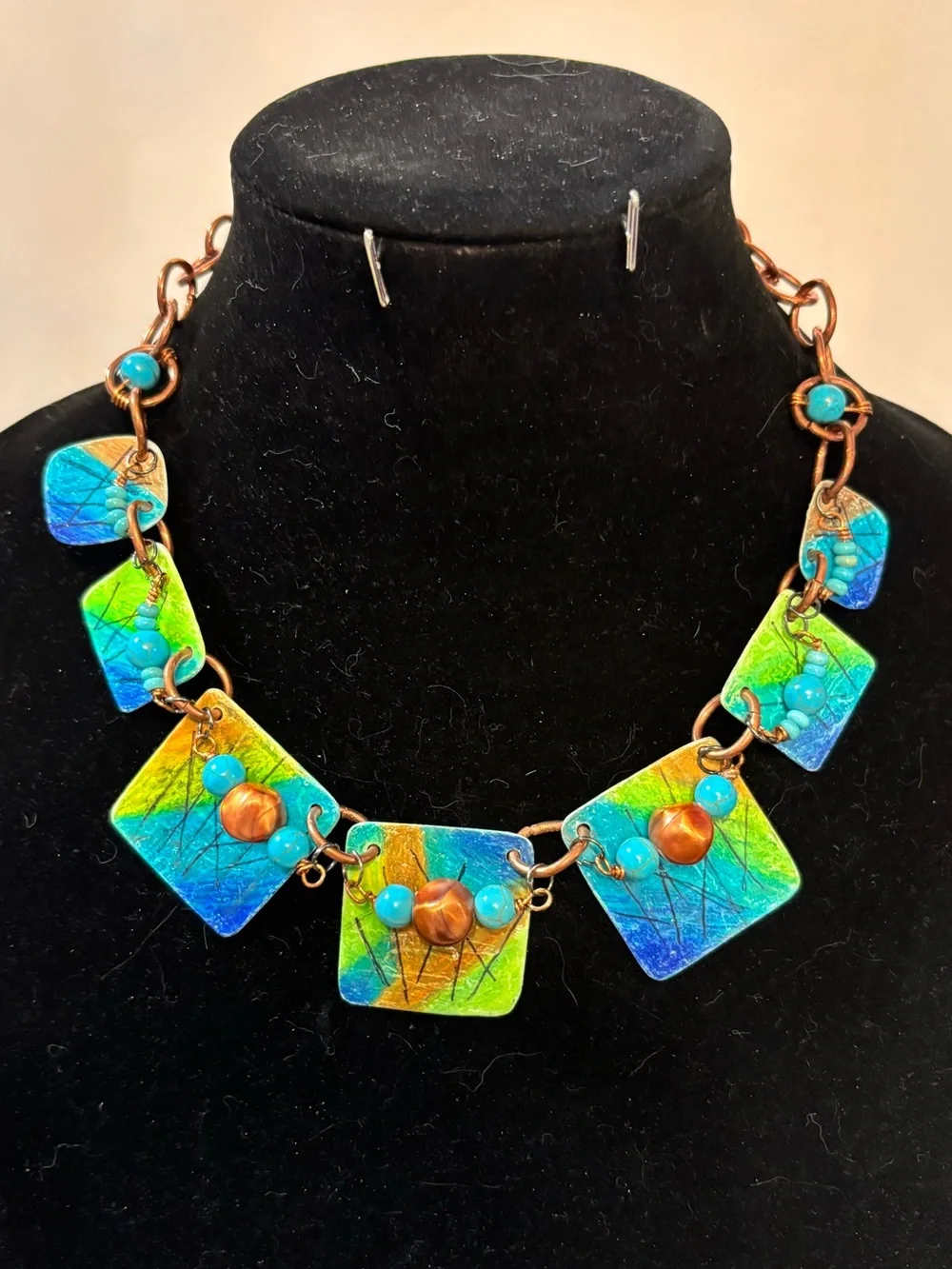 Artisan Blue Green Copper Painted Panels Necklace